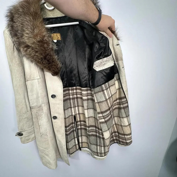 Vintage Cream Suede Fur 1970s Winter Coat Large - Picture 8 of 10
